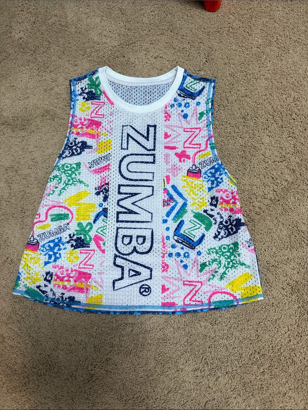 Zumba Fitness White Mesh Tank with Neon Multicolor Graphics